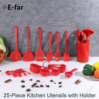 E-far Silicone Cooking Utensils Set, 25 Piece Kitchen Utensils with Holder, Non Toxic Kitchen Tools Spatula, Turner, Spoon, Ladle for Nonstick Cookware, Heat Resistant & Dishwasher Safe - Red - color: Red