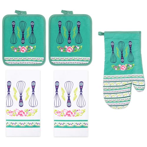 5 Piece Grandma's Whisks Printed Kitchen Linen Set, 2 Cotton Towels,2 Potholders,1 Oven Mitt with Hanging Loop, 100% Cotton Material on Front & Polyester Backing, Perfect Kitchen Accessory - color: Grandma's Whisks