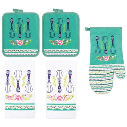 5 Piece Grandma's Whisks Printed Kitchen Linen Set, 2 Cotton Towels,2 Potholders,1 Oven Mitt with Hanging Loop, 100% Cotton Material on Front & Polyester Backing, Perfect Kitchen Accessory - color: Grandma's Whisks