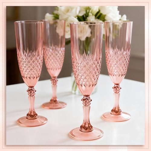 12 Pack Plastic Champagne Flutes, Rose Gold Reusable Champagne Glass | Unbreakable Hard Plastic Mimosa Cups Bulk with Stem, Fancy Stemware for Wedding, Party & NYE Celebration - color: Rose Gold