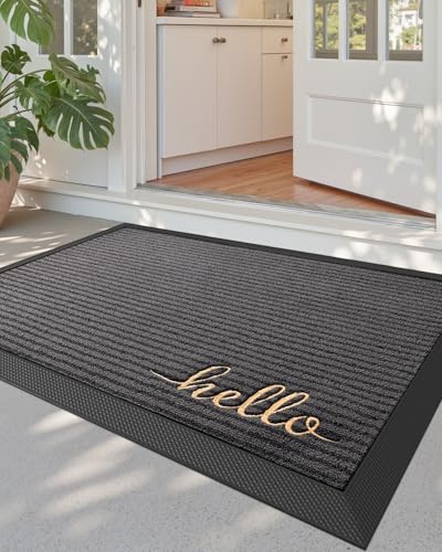 DEXI Front Door Mat Outside Entrance 24x36 Rubber Entry Doormat Hello | Non Slip Outdoor Use Trap Dirt and Moisture Easy Clean Low Profile for Inside House Floor Entryway Exterior Patio - color: Hello Grey, size: 24" x 36" (Rectangular)
