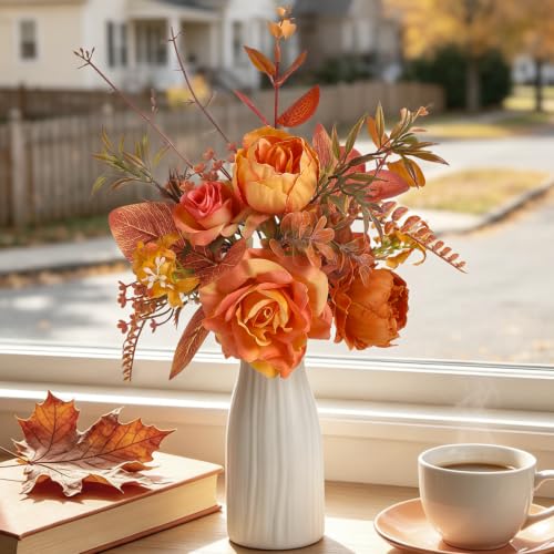 Small 11.8" Artificial Flowers in Ceramic Vase - Orange Silk Flower Centerpiece for Dining Table, Office, Wedding & Farmhouse, Home Decor - color: Orange
