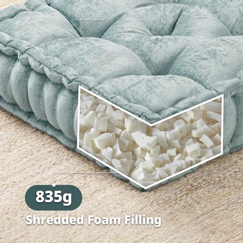 Intelligent Design Floor Pillow Large Meditation Cushion, 20x20 Aqua | Sitting for Adults Yoga, Shredded Foam Filled, Chenille Tufted Cover, Handsewn Scalloped Edge, OEKO-TEX Certified - color: Aqua