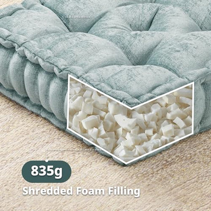 Intelligent Design Floor Pillow Large Meditation Cushion, 20x20 Aqua | Sitting for Adults Yoga, Shredded Foam Filled, Chenille Tufted Cover, Handsewn Scalloped Edge, OEKO-TEX Certified - color: Aqua