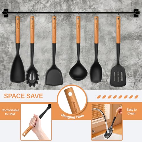 Large Silicone Kitchen Utensils Set with Holder, 25Pcs Cooking Utensil Set with Wooden Handle, Heat Resistant Spatula Sets for Cooking, BPA Free Silicone Utensils Set for Non-Stick Cookware(Black) - color: Black