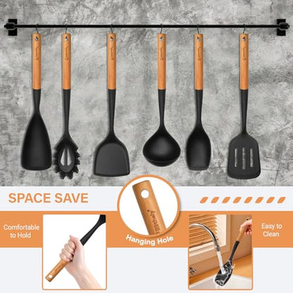 Large Silicone Kitchen Utensils Set with Holder, 25Pcs Cooking Utensil Set with Wooden Handle, Heat Resistant Spatula Sets for Cooking, BPA Free Silicone Utensils Set for Non-Stick Cookware(Black) - color: Black