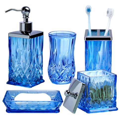 Blue Bathroom Accessories, Square Thick Glass & Metal Pump | Beautiful & weight, 5 pcs soap dispenser, toothbrush holder, soap dish, tumbler & jar, for mission/amish style - style: Square(Blue)
