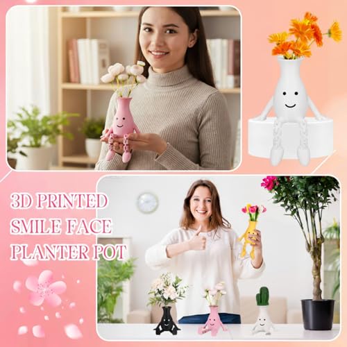 Honoson 4 Pcs 3D Printed Smile Face Planter Pot, Cute Plant Pots for Indoor Outdoor, Unique Sitting Pot with Movable Leg, Funny Flower Pots Gifts for Mother and Appreciation Christmas