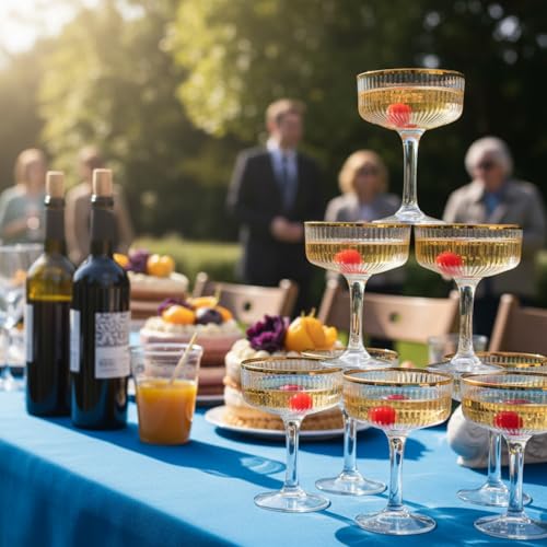 Set of 55 Champagne Tower 7 oz Plastic Champagne Coupe Glasses Set Stackable Plastic Ribbed Martini Glasses Unbreakable Acrylic Cocktail Coupe Cups for Wedding Birthday (Glitter,Gold) - color: Gold, size: Glitter