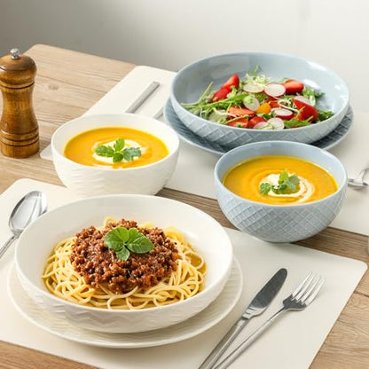 HASENSE Ceramic Pasta Bowls, 42 OZ Ceramic Salad Bowl Set of 4, Large Serving Plate Bowls,Embossment Stoneware Wide and Shallow Pasta Plates for Fruits, Noodle,Colorful - color: Colorful