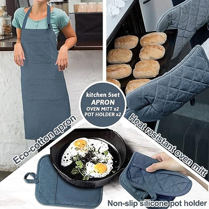 Oven Mitts and Pot Holders with Cooking Apron Set of 5, Heat Resistant Kitchen Gloves and Silicone Non-Slip Potholders, Adjustable Neck Buckle Chef Apron, Cotton Nice Design for Cooking （Navy… - color: Navy