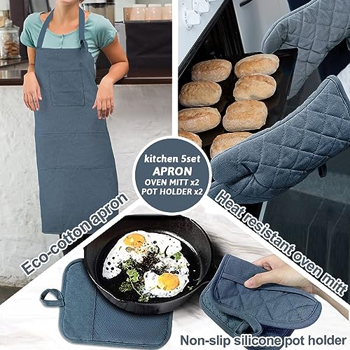 Oven Mitts and Pot Holders with Cooking Apron Set of 5, Heat Resistant Kitchen Gloves and Silicone Non-Slip Potholders, Adjustable Neck Buckle Chef Apron, Cotton Nice Design for Cooking （Navy… - color: Navy