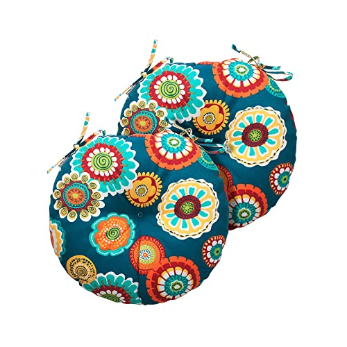 Magpie Fabrics Outdoor Round Bistro Seat Cushions with Ties, 15"x15"x4" Set of 2, Tufted Waterproof Barstool Chair Pads for Patio Home Garden Office, Floral Green - color: A Floral Green