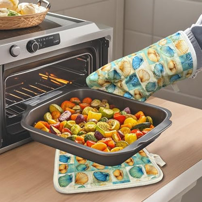Oven Mitts Gloves 1 Pair Heat Resistant 480 ℉ Non Slip Clear Silicone Printed Shell Comfortable Cotton Lining Kitchen Men Cooking Barbecue Machine Washable (Shell, Beige Mitts) - color: Shell, Beige Mitts