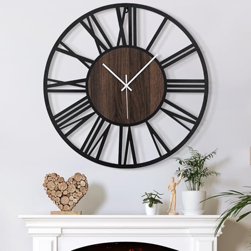 Large Wall Clock for Living Room Decor, 14 Inch Non Ticking Silent, Battery Operated Modern Vintage Oversized Wall Clock for Bedroom Kitchen - color: Dark Brown - Roman Numbers, size: 14inch