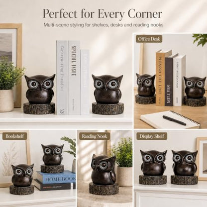 Owl Bookends for Shelves, Resin Book Ends Set of 2 | Anti-Slip Base, Antique Bronze Owl Design, Office Bookshelf Decor - style: Whimsical