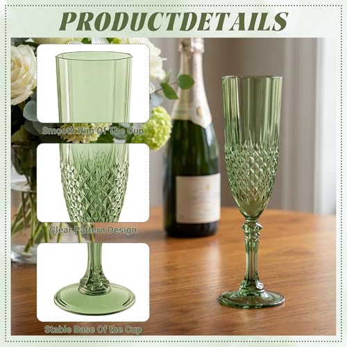 12 Pack Plastic Champagne Flutes, Green Reusable Champagne Glass | Unbreakable Hard Plastic Mimosa Cups Bulk with Stem, Fancy Stemware for Wedding, Party & NYE Celebration - color: Sage Green