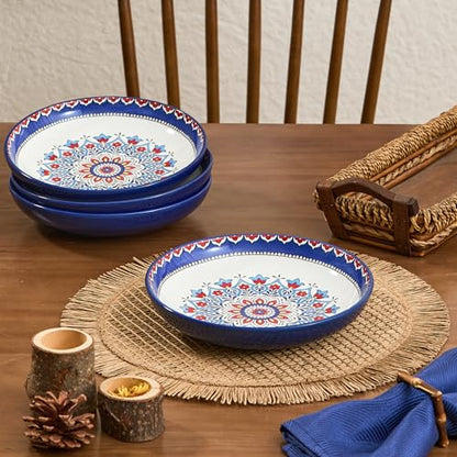 Bico Boho Totem Pasta Bowls, 35oz Salad Bowl Set of 4, Large Ceramic Serving Dinner Bowls for Soup and Cereal, Microwave and Dishwasher Safe, Gift for Housewarming and Thanksgiving - color: Boho Totem