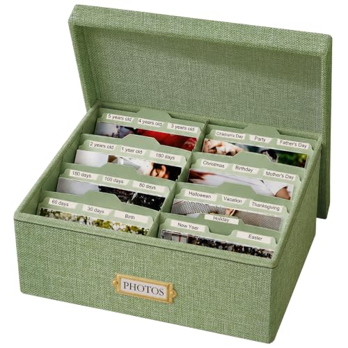Linen Photo Storage Box, Large Organizer Box, Holds 1700 Picture, Green | with 24 Adjustable Dividers, 144 Labels(72 Blank for DIY) Fabric Picture Box for Photos, Envelopes, Recipes - color: Sage Green