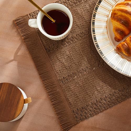 Macrame Style Boho Placemats Set of 4, Caramel 12x20 Inch | Decorative Farmhouse Table Mats, Natural Cotton Woven Place Mats, Bohemian Home Decor for Kitchen Dining Table - color: Caramel, size: Set of 4