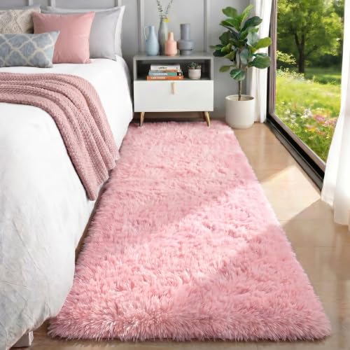 Pink Runner Rugs for Girls Bedroom, Plush Fluffy Hallway Rug 2x6 Ft | Kawaii Vibrant Carpet for Living Room,Non-Slip Long Bedside Rugs,Girls Nursery Kids Princess Room Decor Aesthetic Light Pink - color: Light Pink, size: 2' x 6' (Runner)