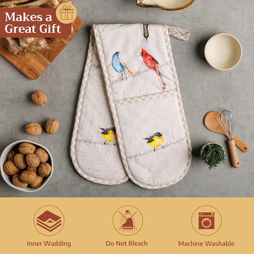 Maison d' Hermine Double Oven Mitts 100% Cotton Double Oven Glove (7"x35") | Heat Resistant BBQ Cooking Gloves with Loop Baking Grilling Kitchen Hotel Home Farmhouse Spring Summer - Birdies on Wire - color: 003 - Birdies on Wire, size: 7" x 35" (Double Ov