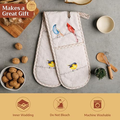 Maison d' Hermine Double Oven Mitts 100% Cotton Double Oven Glove (7"x35") | Heat Resistant BBQ Cooking Gloves with Loop Baking Grilling Kitchen Hotel Home Farmhouse Spring Summer - Birdies on Wire - color: 003 - Birdies on Wire, size: 7" x 35" (Double Ov
