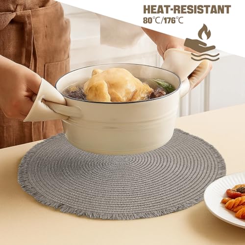 15 Inch Set of 6 Round Braided Woven Placemats Wipeable Paper Heat Resistant Table Mats with Fringe Tassel Boho Indoor Outdoor Table Placemats for Dining Tables (Grey) - color: Gray