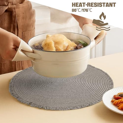15 Inch Set of 6 Round Braided Woven Placemats Wipeable Paper Heat Resistant Table Mats with Fringe Tassel Boho Indoor Outdoor Table Placemats for Dining Tables (Grey) - color: Gray