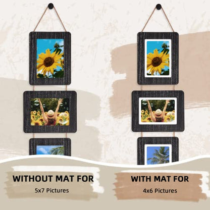 5x7 Collage Picture Frame, 4 Opening, Rustic Wood, Weathered Black | Wall-Mounted Hanging Design, Displays 4x6 Photos with Mat or 5x7 Photos Without Mat, Three-Opening Layout - color: Weathered Black, size: 4 Opening