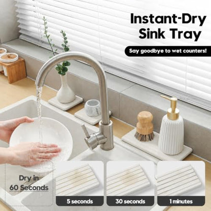 Diatomaceous Earth Sink Organizer Tray Set, 3-Pack Fast Drying Water Absorbing Stone Soap Holder Caddy for Kitchen & Bathroom Counter, Faucet Splash Guard, Beige (1pc of 8"x3.8" + 2pcs of 3.8"x3.8") - color: 3 Pack - Beige - 1pc of 8"x 3.8" and 2pcs of 3.
