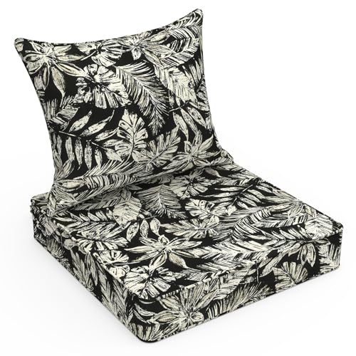 LVTXIII Outdoor Deep Seat Cushion Patio Seat and Back Cushion Set Seasonal Chair Cushion with Removable Cover and Adjustable Buckle for Home and Garden, 22"x22"x4", Tropical Leaf Black - color: Tropical Leaf Black, size: 22x22x4