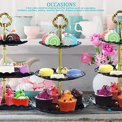 Honeydak 3 Sets of 3 Tier Serving Tray 3 Tiered Dessert Stand Wedding Cupcake Stand PP Plastic Cupcake Holder Dessert Tray Cake Fruit Candy Table Display Set for Birthday(Black) - color: Black