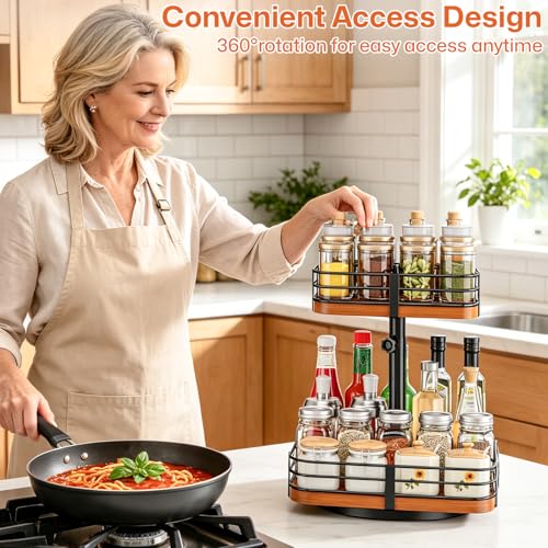 12 Inch Square Lazy Susan Organizer, 2 Tier Adjustable Wood Rack | Removable Divider Rack, 360° Rotating, Adjustable Height, For Pantry, Cabinet, Bathroom & Dining Table