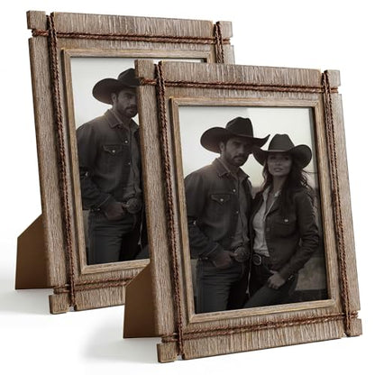 Afuly 8x10 Picture Frames Set of 2 Rustic Wood Farmhouse Unique Photo Frame | Distressed Western with Real Glass & Hemp Rope, Wall and Tabletop, Home Decor Birthday Gifts for Mom Dad Friends - size: 8x10