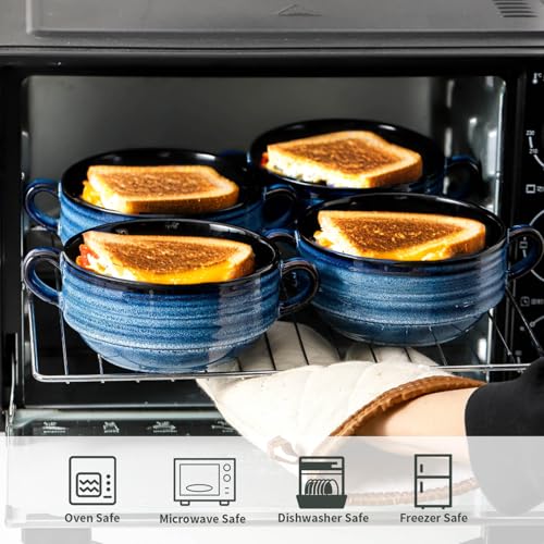 HASENSE French Onion Soup Bowls with Handles, 20 Oz Ceramic Soup Crocks Set of 2, Stackable Serving Bowls for Chili, Stew, Cereal & Pasta, Microwave Dishwasher Safe, Blue Farmhouse Kitchenware - color: Blue, size: Set of 2