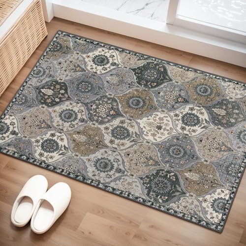 Lahome Moroccan Trellis Area Rug, 2x3 Entryway Rug Non-Slip Washable Indoor Door Mat, Small Oriental Accent Throw Carpet for Bedroom Kitchen Entry Bathroom Elise, Grey - color: Dusty Grey Beige, size: 2' X 3' (Rectangular)