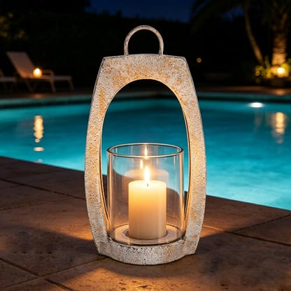 21" Twakutwaku Versatile Farmhouse Arch Metal Lantern in Shabby White with Handmade Thick Glass Candle Holder for Pillars & Plants, Hurricane Lantern, Glass Candlestick Holder, Glass Vase, Garden - color: Shabby White, size: 11"x21"