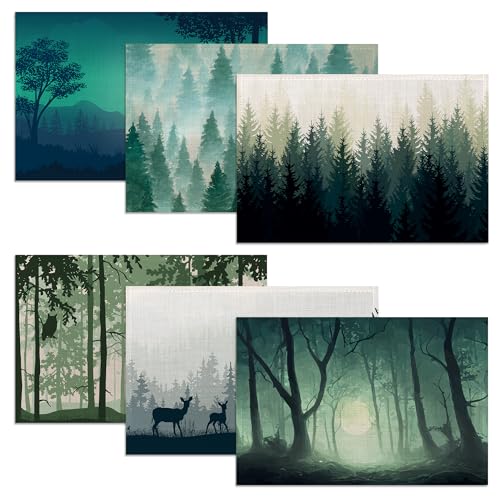 Misty Forest Placemats, 12 x 18 inch, Linen Placemat Kitchen Dining Room Decor Holiday Decor Rustic Vintage Waterproof Washable Placemat Set of 6 - color: Misty Forest