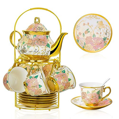 20 Pieces European Ceramic Tea Set for Adults With Metal Holder and Flower Painting (Large Cream Version) - color: Cream