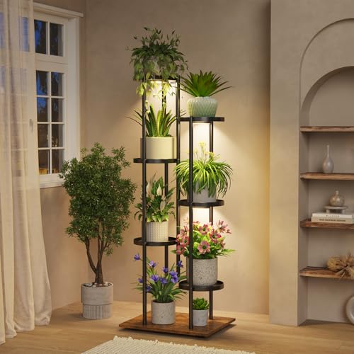 iDavosic.ly 6 Tier Plant Stand Indoor with Grow Lights, Black & Brown Metal | Tiered Multiple Flower Holder, Orchid Display Rack for Patio Porch Balcony Outdoor, High Large Narrow Space Saving - color: Modern Black with Light, size: 6 Tier