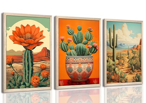 Wood Framed Mexican Cactus Wall Art Set of 3, Vintage Desert Botanical Canvas Prints, Boho Southwestern Floral Painting Pictures, Rustic Living Room Bedroom Bathroom Home Wall Decor 8x10 inch - color: Cactus, size: 10"L x 8"W