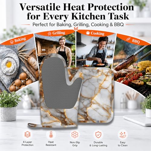 White Gold Marble Heat-Resistant Oven Mitts and Pot Holder Kitchen Non-Slip Silicone Cooking Microwave Gloves for Cooking Baking Grilling - color: White Gold Marble
