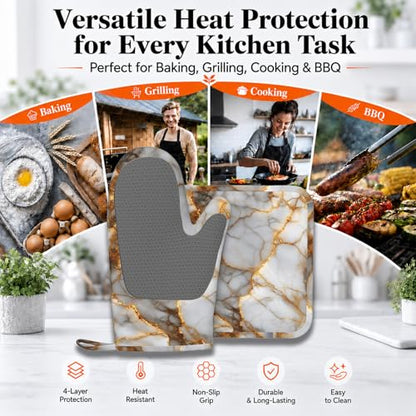 White Gold Marble Heat-Resistant Oven Mitts and Pot Holder Kitchen Non-Slip Silicone Cooking Microwave Gloves for Cooking Baking Grilling - color: White Gold Marble