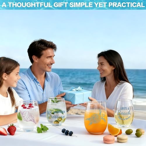 4 PCS Ocean Stemless Wine Glasses-17 Oz Coastal Glassware Gifts for Beach Lovers-Sea Turtle,Seashell,Starfish,Conch Wine Cups Set for Women Men,Dishwasher Safe,Birthday,Fathers Day,Easter