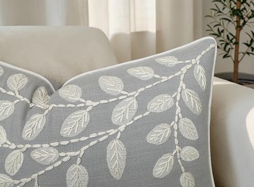 Rudransha Hand Embroidered Cotton Lumbar Pillow Cover - 12x20 Light Grey Botanical Leaf Accent - Hazel Leaves - color: Light Grey-hazel, size: 20" x 12" (Pack of 1)