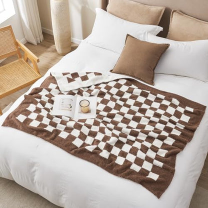 Snuggle Sac Checkered Bedding Blanket Twin Size 60x80, Super Soft Cozy Warm Knit Blankets, Reversible Breathable Lightweight Fluffy Throws for Sofa Bed, Checkered Brown, 60x80 Inches - color: Checkered Brown, size: Twin(60"x 80")