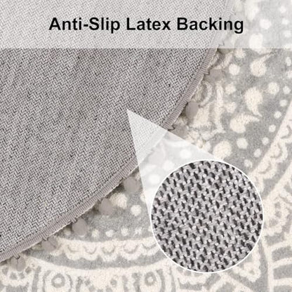 Uphome Small Round Rug 2.3’ Grey Mandala Boho Bathroom Rugs with Pom Poms Fringe Washable Circle Shower Mat Soft Non-Slip Cute Circular Throw Rug for Sink Powder Room Bedroom Kids Room Nursery - color: Gray-upgraded, size: 2.3' Round
