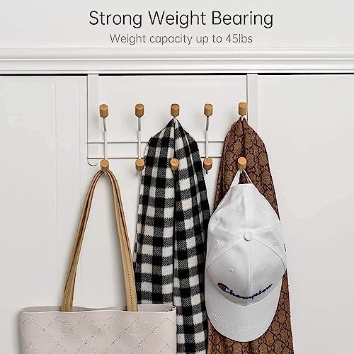 HYMIKO Over The Door Hooks,2 Packs Sturdy Metal Over Door Wooden Hooks Organizer Rack for Hanging Coats Hats Robes Towels,Bathroom Bedroom Door Hangers - White