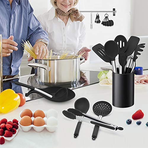 LIANYU 43 Pcs Kitchen Cooking Utensils Set, Silicone Cooking Utensils Spatula Set with Holder, Heat Resistant Kitchen Gadgets Tools for Nonstick Cookware Set, Stainless Steel Handle, Black - color: Black